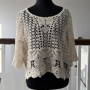 Crochet Womens Top Large Cream Cropped Boho  Cottage Western Coquette Feminine